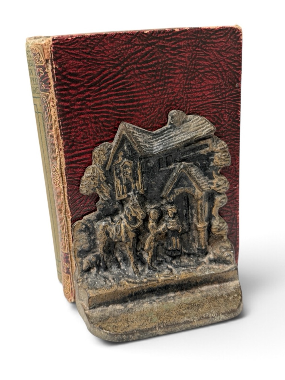 1920’s Bronze-Clad Bookend with “A Welcome Guest”Relief Scene-Armor Bronze Co.